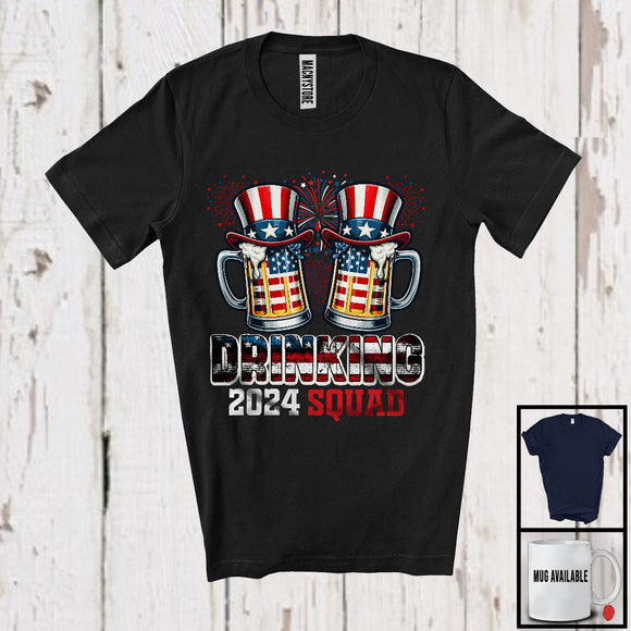 MacnyStore - Drinking 2024 Squad, Humorous Vintage 4th Of July American Flag Beer, Firework Drinking Group T-Shirt