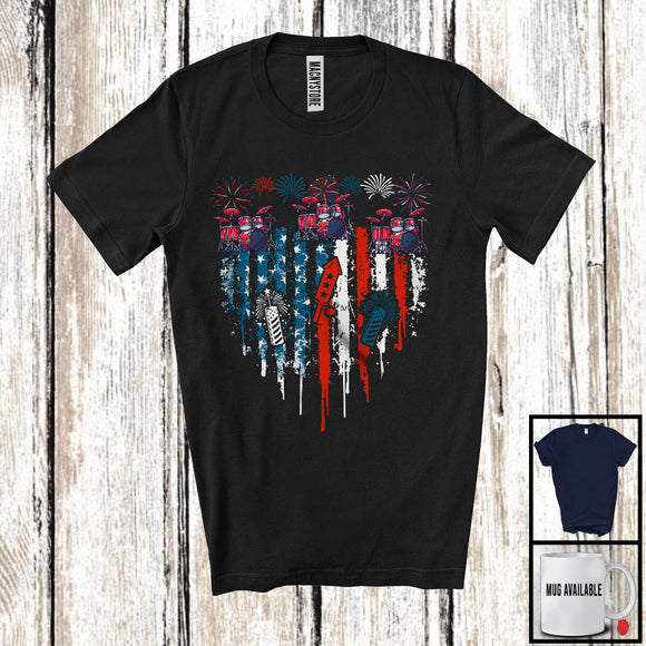 MacnyStore - Drum Heart Shape American Flag, Awesome 4th Of July Musical Instruments Player, Patriotic T-Shirt