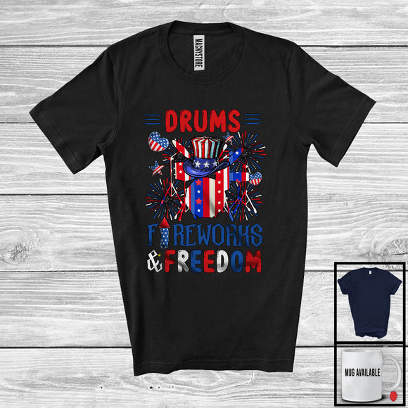 MacnyStore - Drums Fireworks And Freedom, Proud 4th Of July American Flag Musical Instruments, Patriotic T-Shirt