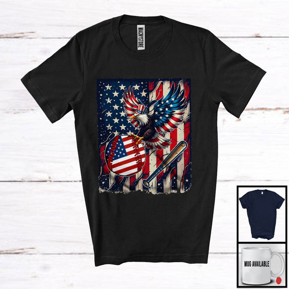 MacnyStore - Eagle Playing Baseball Softball, Joyful 4th Of July American Flag Eagle, Sport Player Patriotic T-Shirt