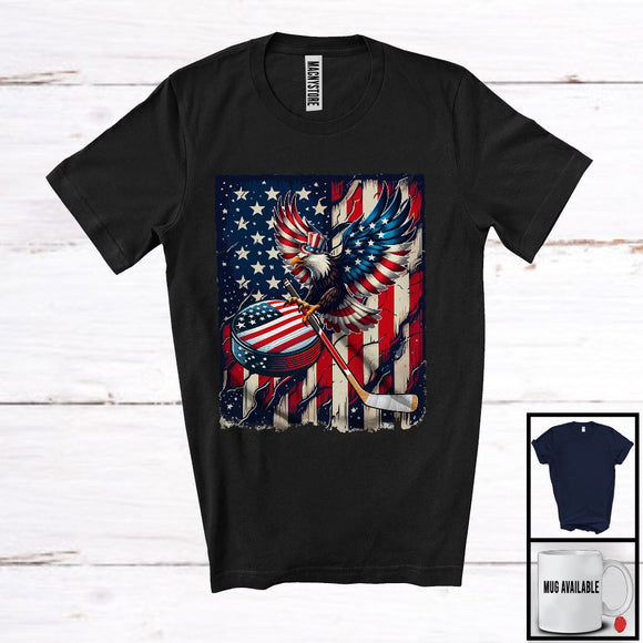 MacnyStore - Eagle Playing Hockey, Joyful 4th Of July Vintage American Flag Eagle, Sport Player Patriotic T-Shirt