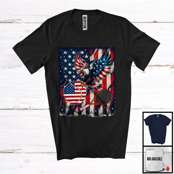 MacnyStore - Eagle Playing Tennis, Joyful 4th Of July Vintage American Flag Eagle, Sport Player Patriotic T-Shirt