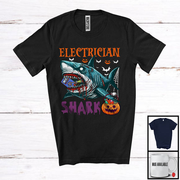 MacnyStore - Electrician Shark, Scary Halloween Costume Pumpkin Zombie Shark, Proud Careers Group T-Shirt