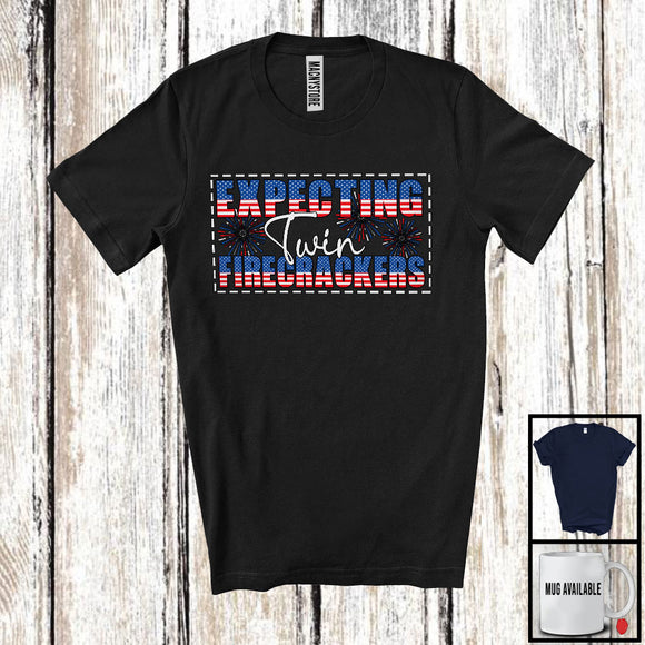 MacnyStore - Expecting Twin Firecrackers, Joyful 4th Of July American Flag, Pregnancy Patriotic Fireworks T-Shirt