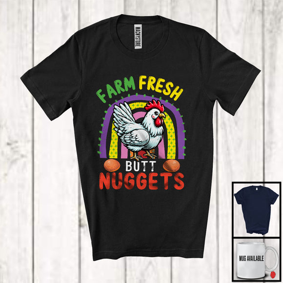MacnyStore - Farm Fresh Butt Nuggets, Humorous Farm Animal Eggs Chicken, Farmer Lover Rainbow T-Shirt