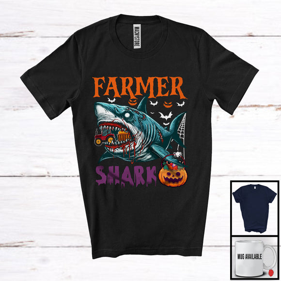 MacnyStore - Farmer Shark, Scary Halloween Costume Pumpkin Zombie Shark, Proud Careers Group T-Shirt