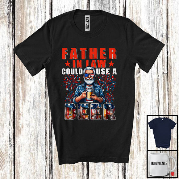 MacnyStore - Father in law Could Use A Beer, Awesome 4th Of July Drinking Beer Fireworks, Patriotic Family T-Shirt