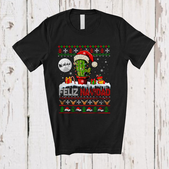 MacnyStore - Feliz Navidad; Fantastic Christmas Sweater Santa Cactus Snowing; X-mas Lights Family Group T-Shirt
