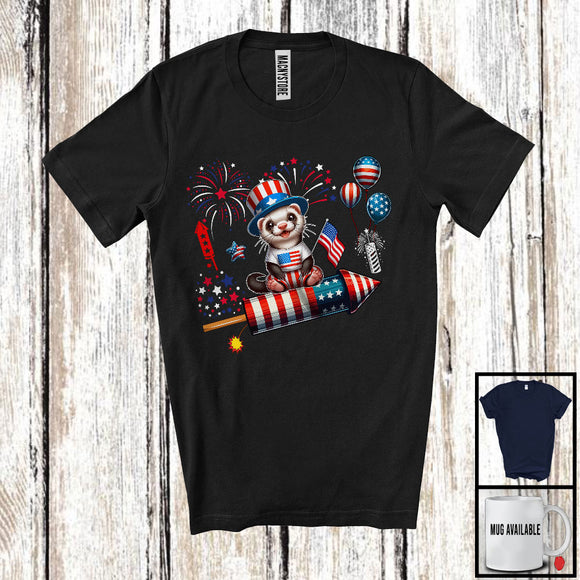 MacnyStore - Ferret Riding Firecracker, Amazing 4th Of July American Flag Firecracker, Animal Zoo Lover T-Shirt