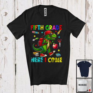MacnyStore - Fifth Grade Here I Come, Joyful First Day Of School T-Rex Dinosaur, Student Teacher Group T-Shirt