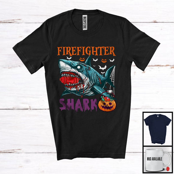 MacnyStore - Firefighter Shark, Scary Halloween Costume Pumpkin Zombie Shark, Proud Careers Group T-Shirt