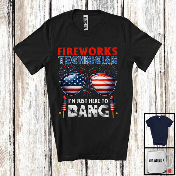 MacnyStore - Fireworks Technician Just Here To Bang, Joyful 4th Of July American Flag Sunglasses, Patriotic T-Shirt