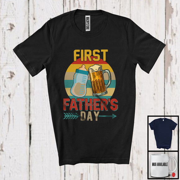 MacnyStore - First Father's Day, Humorous Vintage Retro Father's Day Cheer Dad, Milk Beer Drinking Family T-Shirt
