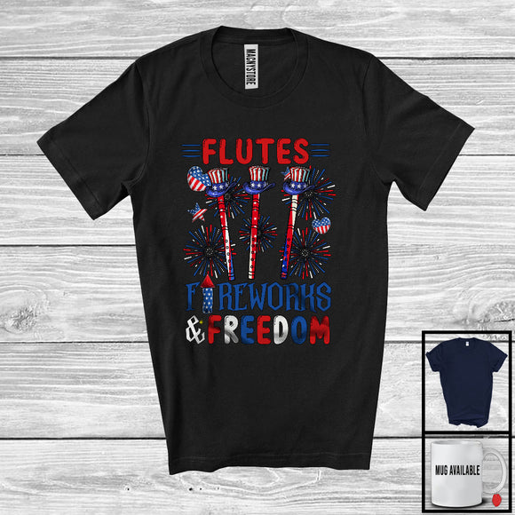 MacnyStore - Flutes Fireworks And Freedom, Proud 4th Of July American Flag Musical Instruments, Patriotic T-Shirt
