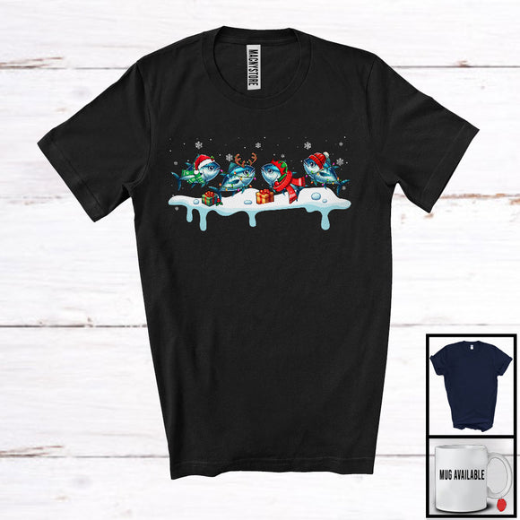 MacnyStore - Four Santa Elf Reindeer Tuna; Humorous Christmas Pajama Tuna Sea Animal; Family T-Shirt