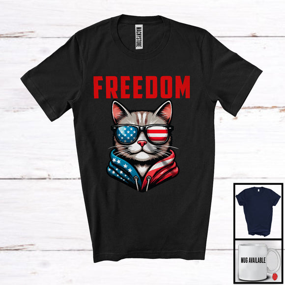 MacnyStore - Freedom, Awesome 4th Of July Independence Day Cat American Flag Glasses, Patriotic Group T-Shirt