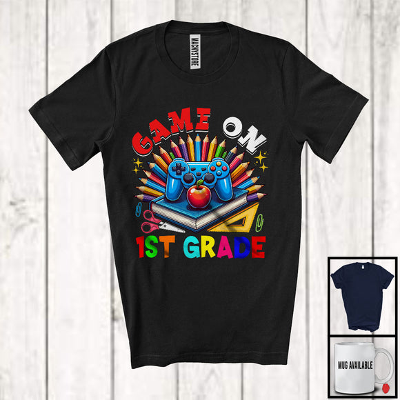 MacnyStore - Game On 1st Grade, Happy First Day Of School Game Controller Book Pencils, Gaming Gamer T-Shirt