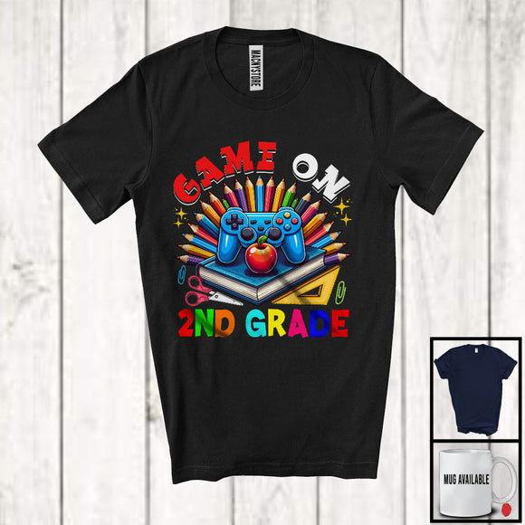 MacnyStore - Game On 2nd Grade, Happy First Day Of School Game Controller Book Pencils, Gaming Gamer T-Shirt