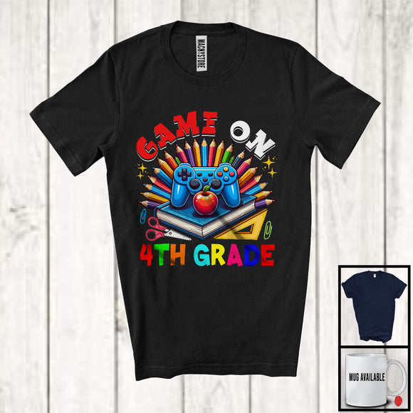 MacnyStore - Game On 4th Grade, Happy First Day Of School Game Controller Book Pencils, Gaming Gamer T-Shirt