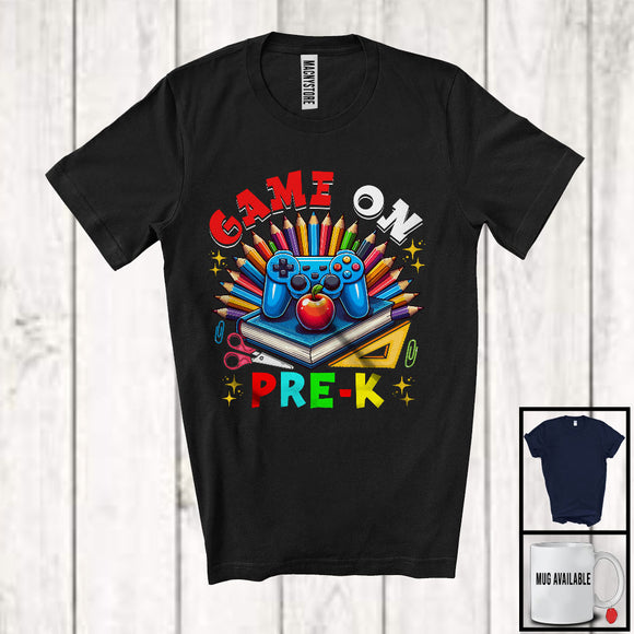 MacnyStore - Game On Pre-K, Happy First Day Of School Game Controller Book Pencils, Gaming Gamer T-Shirt