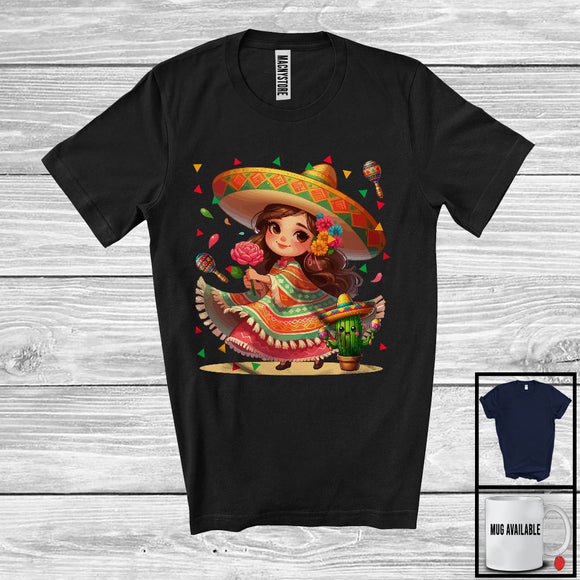MacnyStore - Girl Playing Ukulele, Adorable Cinco De Mayo Sombrero Girl, Matching Mexican Family Group T-Shirt