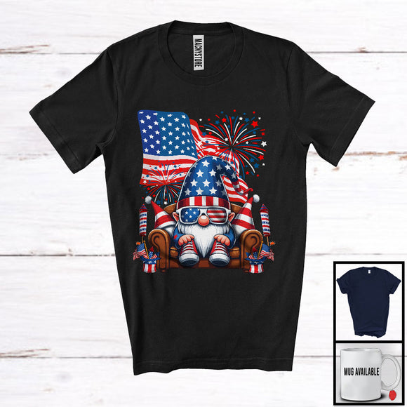 MacnyStore - Gnome Sunglasses On Sofa, Lovely 4th Of July American Flag Gnomies, Fireworks Patriotic T-Shirt