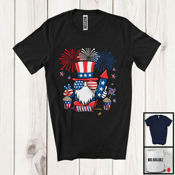 MacnyStore - Gnome With American Flag Sunglasses Firecracker, Proud 4th Of July Fireworks Gnomes, Patriotic T-Shirt