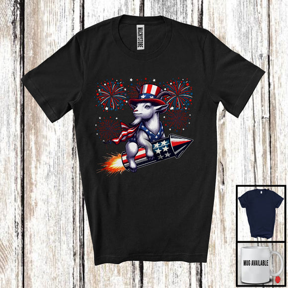 MacnyStore - Goat Riding Firecracker, Humorous 4th Of July USA Fireworks, Patriotic Farm Animal Farmer T-Shirt
