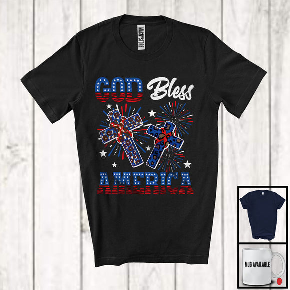 MacnyStore - God Bless America, Awesome 4th Of July Independence Day Leopard Cross, Fireworks Patriotic T-Shirt