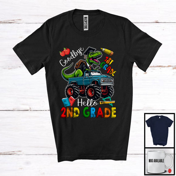 MacnyStore - Goodbye 1st Grade Hello 2nd Grade, Joyful Last Day Of School T-Rex Riding Monster Truck T-Shirt