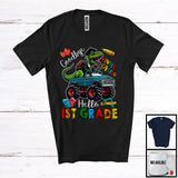MacnyStore - Goodbye Kindergarten Hello 1st Grade, Joyful Last Day Of School T-Rex Riding Monster Truck T-Shirt