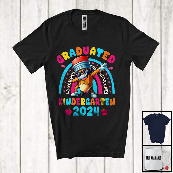 MacnyStore - Graduated Kindergarten 2024, Lovely Graduation Dabbing Pencil Sunglasses, Leopard Rainbow T-Shirt