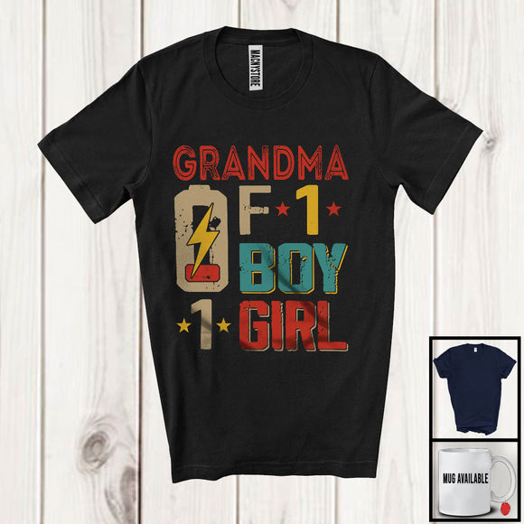 MacnyStore - Grandma Of 1 Boy 1 Girl, Humorous Mother's Day Low Battery, Vintage Matching Family Group T-Shirt