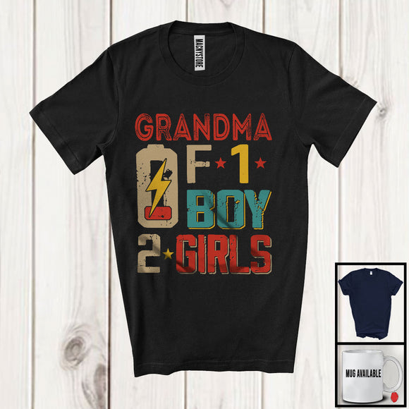 MacnyStore - Grandma Of 1 Boy 2 Girls, Humorous Mother's Day Low Battery, Vintage Matching Family Group T-Shirt