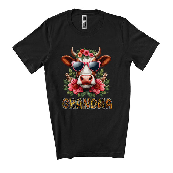 MacnyStore - Grandma, Humorous Mother's Day Cow Sunglasses Flowers, Leopard Farmer Matching Family T-Shirt