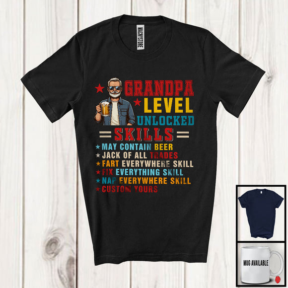 MacnyStore - Grandpa Level Unlocked Skills, Humorous Vintage Father's Day Beer Drinking, Drunker Family T-Shirt