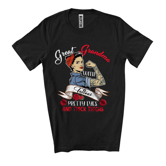 MacnyStore - Great Grandma With Tattoos Pretty Eyes And Thick Thighs, Amazing Mother's Day Tattoos, Family T-Shirt
