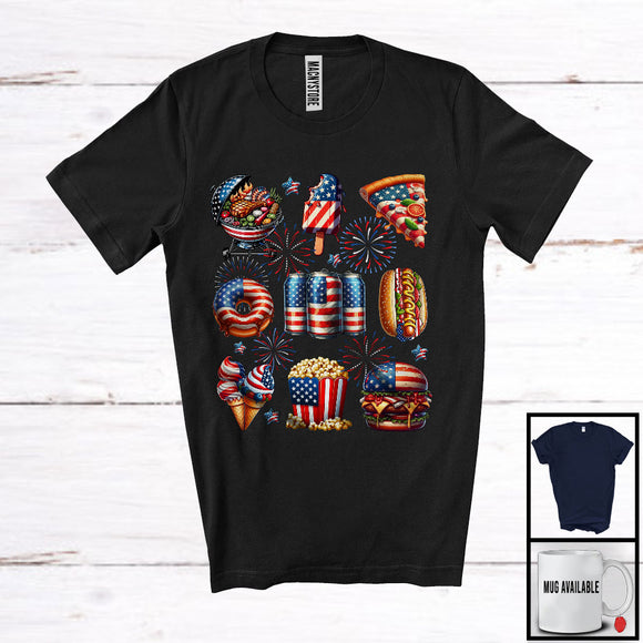 MacnyStore - Group Of Food Beer Pizza Ice Cream Donut, Amazing 4th Of July American Flag, Patriotic T-Shirt