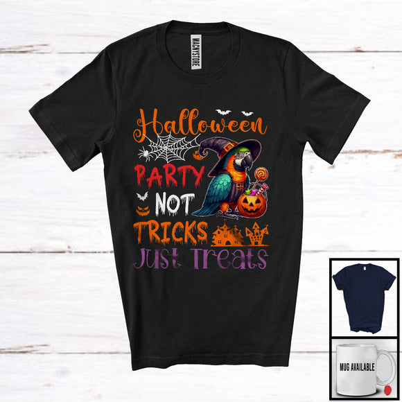 MacnyStore - Halloween Party Not Tricks Just Treats, Lovely Witch Parrot Bird, Carved Pumpkin Candy Animal T-Shirt