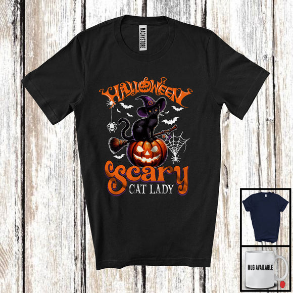 MacnyStore - Halloween Scary Cat Lady, Scary Halloween Costume Witch Black Cat, Carved Pumpkin Lover T-Shirt