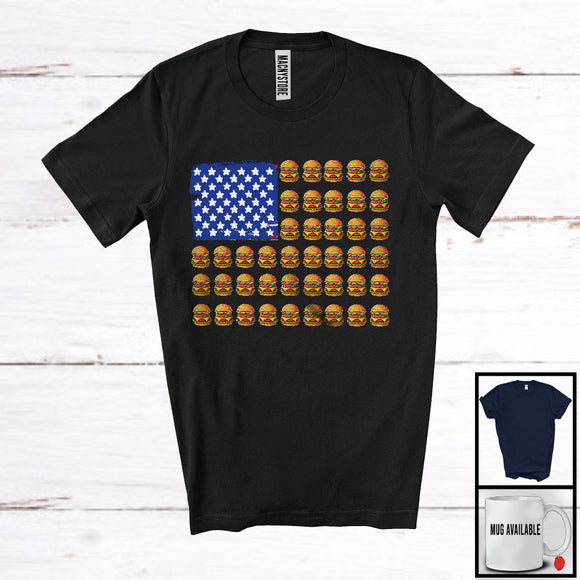 MacnyStore - Hamburger American Flag, Humorous 4th Of July Summer Vacation Patriotic Group, Fast Food Lover T-Shirt