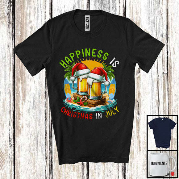 MacnyStore - Happiness Is Christmas In July, Cheerful Summer Vacation Santa Beer Glasses, Drinking Drunker T-Shirt