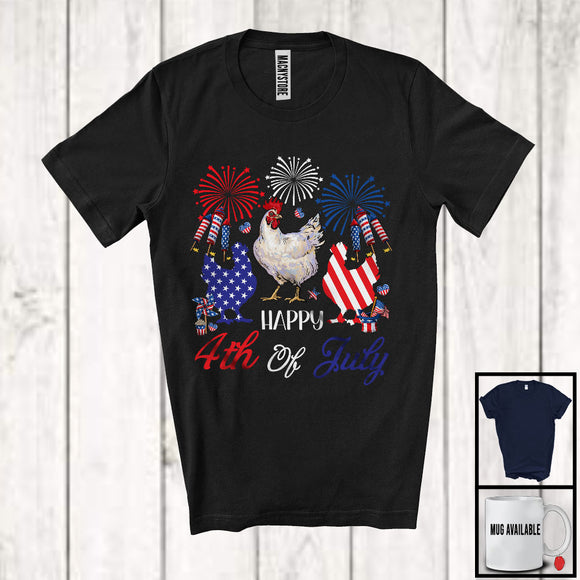 MacnyStore - Happy 4th Of July, Adorable Three American Flag Chickens, Firework Patriotic Farmer Animal T-Shirt