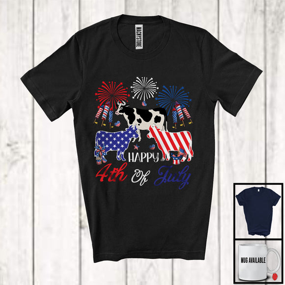 MacnyStore - Happy 4th Of July, Adorable Three American Flag Cows, Firework Patriotic Farmer Animal T-Shirt