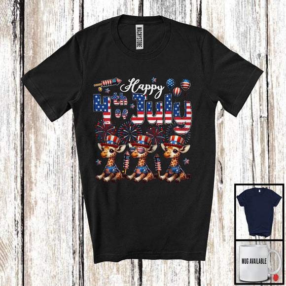 MacnyStore - Happy 4th Of July, Adorable Three American Flag Giraffe Sunglasses, Patriotic Animal Lover T-Shirt