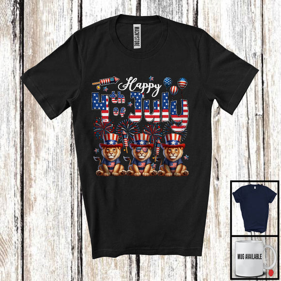 MacnyStore - Happy 4th Of July, Adorable Three American Flag Lion Sunglasses, Patriotic Animal Lover T-Shirt