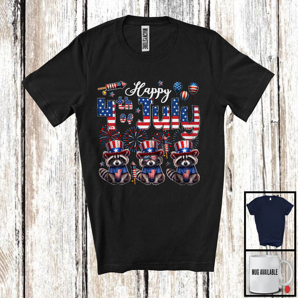 MacnyStore - Happy 4th Of July, Adorable Three American Flag Raccoon Sunglasses, Patriotic Animal Lover T-Shirt