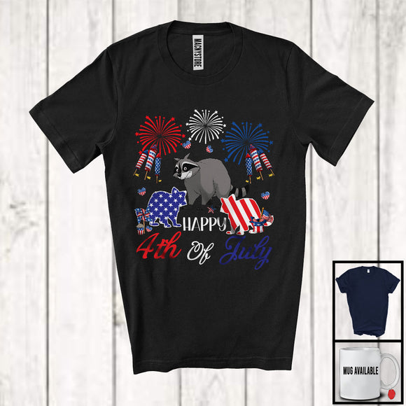 MacnyStore - Happy 4th Of July, Adorable Three American Flag Raccoons, Firework Patriotic Farmer Animal T-Shirt