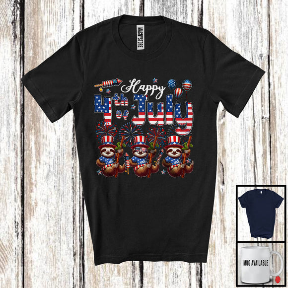MacnyStore - Happy 4th Of July, Adorable Three American Flag Sloth Sunglasses, Patriotic Animal Lover T-Shirt