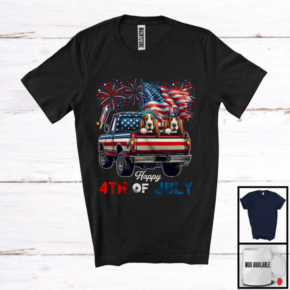 MacnyStore - Happy 4th Of July, Adorable Two Basset Hound On Pickup, American Flag Fireworks Patriotic T-Shirt